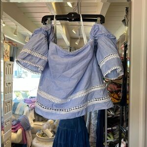 White House Black Market Light Blue Lace Trim Blouse